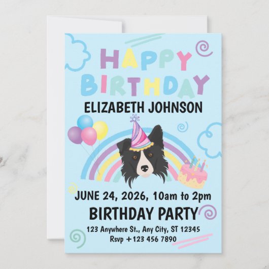 Border Collie Birthday Party Invitation Blue Einladung (Vorderseite)