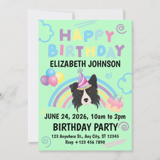 Border Collie Birthday Party Invitation Green Einladung (Vorderseite)