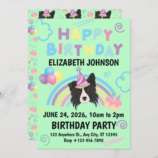 Border Collie Birthday Party Invitation Green Einladung (Vorne/Hinten)