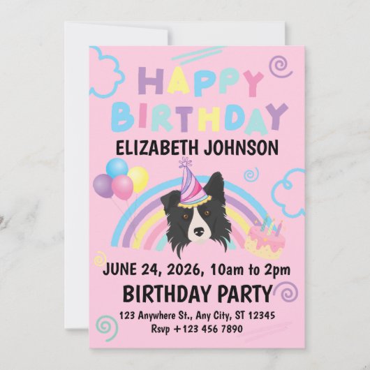Border Collie Birthday Party Invitation Pink Einladung (Vorderseite)