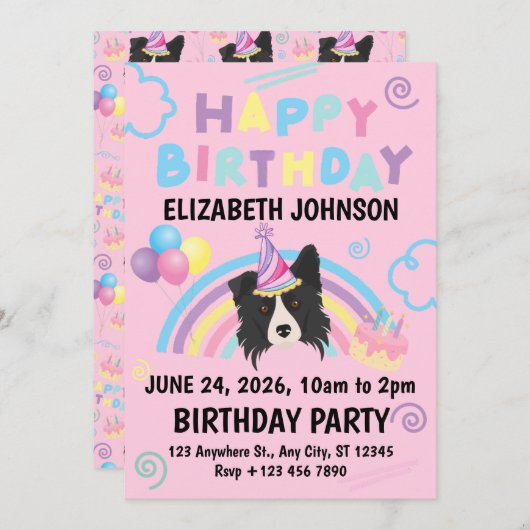 Border Collie Birthday Party Invitation Pink Einladung (Vorne/Hinten)