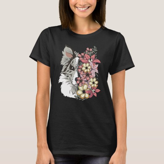 Border Collie Blue Merle mit Blume T-Shirt (Vorderseite)