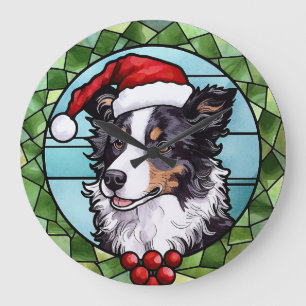 Border Collie Buntglas Weihnachten Große Wanduhr