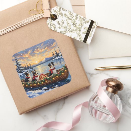 Border Collie Christmas Boat Holiday Quadratischer Aufkleber (Schenken)