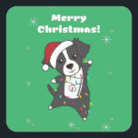 Border Collie Christmas Dog Wintertiere Hunde q Quadratischer Aufkleber<br><div class="desc">Der Grenzhund kalt zu Weihnachten mit Feenlicht. Hübsche Tiere mit Geschenken und Schnee für den Urlaub. Auch lustig für Weihnachten im Juli. Hunde sind niedliche Tiere und sind ideal für Weihnachten.</div>
