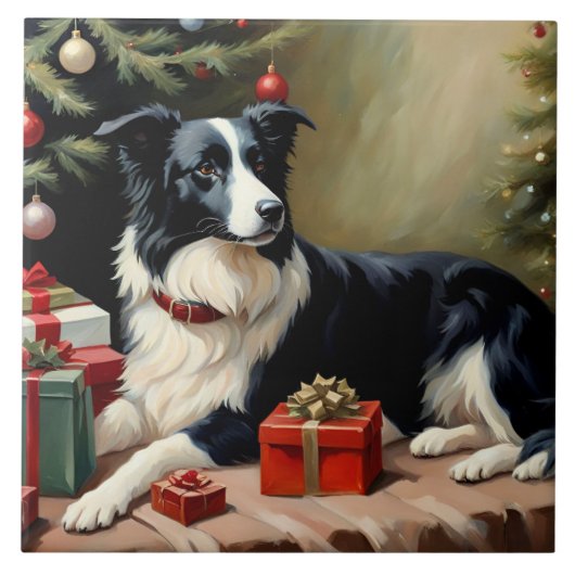 Border Collie Christmas Fliese (Vorderseite)
