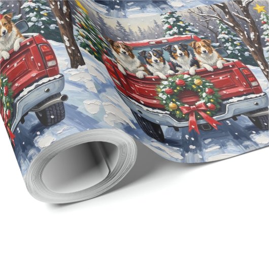 Border Collie Christmas Red Truck Holiday Geschenkpapier (Rolleneckpunkt)