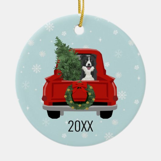 Border Collie Christmas Red Truck Keramik Ornament (Vorne)
