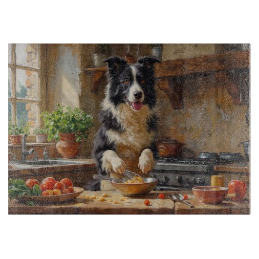 Border Collie Cooking in Kitchen Schneidebrett (Vorderseite)