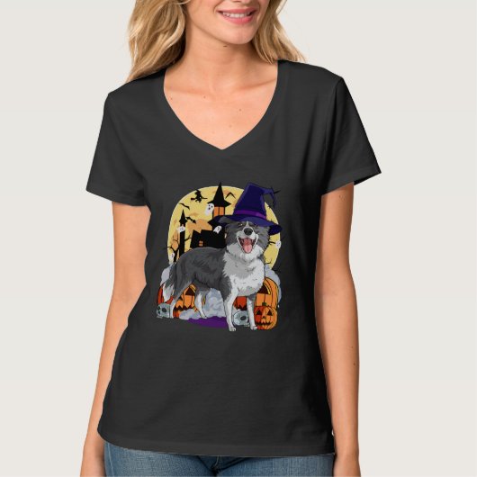 Border Collie Cute Dog Halloween Witch Pumpkin T-Shirt (Vorderseite)