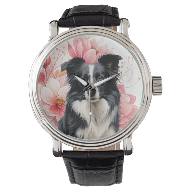 Border Collie Dog and Bold Pink Lilies Armbanduhr (Vorderseite)