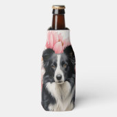 Border Collie Dog and Bold Pink Lilies Flaschenkühler (Flaschenvorderseite)