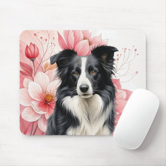 Border Collie Dog and Bold Pink Lilies Mousepad (Mit Mouse)