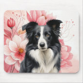 Border Collie Dog and Bold Pink Lilies Mousepad (Vorne)
