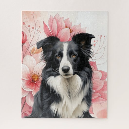 Border Collie Dog and Bold Pink Lilies Puzzle (Vertikal)