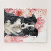 Border Collie Dog and Bold Pink Lilies Puzzle (Horizontal)