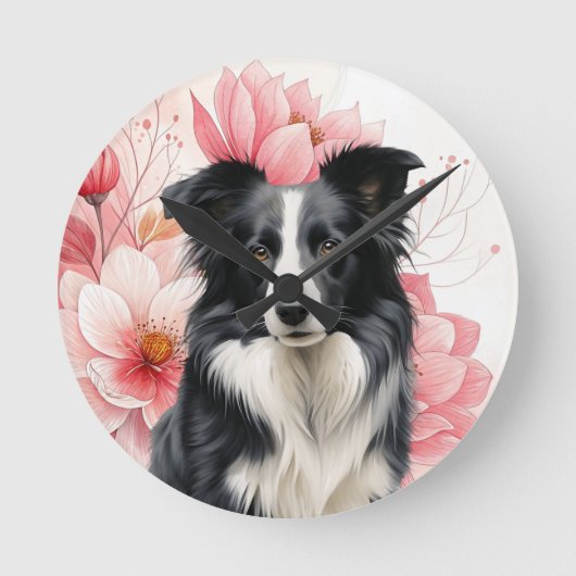 Border Collie Dog and Bold Pink Lilies Runde Wanduhr (Vorderseite)