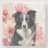 Border Collie Dog and Bold Pink Lilies Steinuntersetzer (Vorderseite)