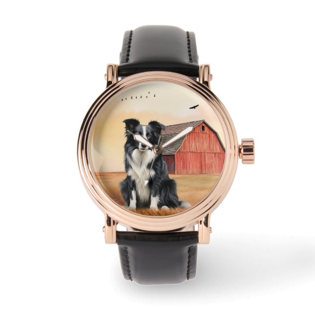 Border Collie Dog and Red Barn Ranch Armbanduhr (Vorderseite)