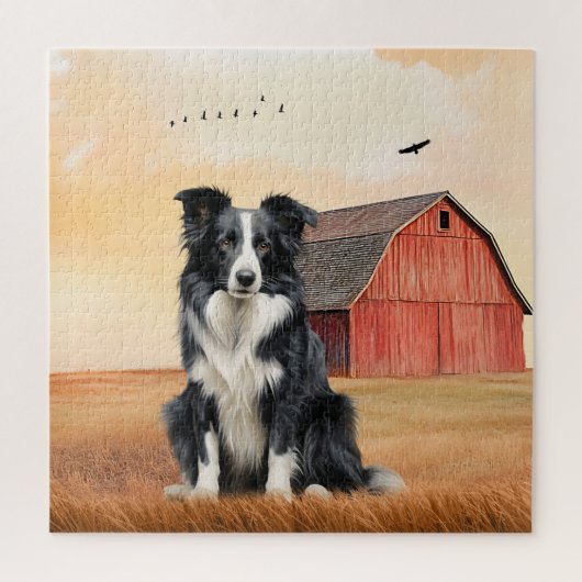 Border Collie Dog and Red Barn Ranch Puzzle (Vertikal)