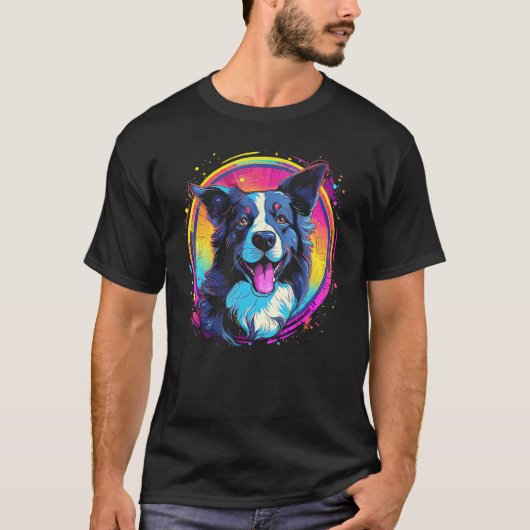 Border Collie Dog Australian Shepherd 80s Retrowav T-Shirt (Vorderseite)