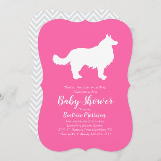 Border Collie Dog Baby Dusche Pink Girl Einladung (Vorne/Hinten)