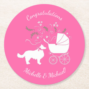 Border Collie Dog Baby Dusche Puppy Pink Girl Runder Pappuntersetzer