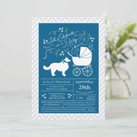 Border Collie Dog Baby Shower Blue Boy Einladung (Stehend Vorderseite)