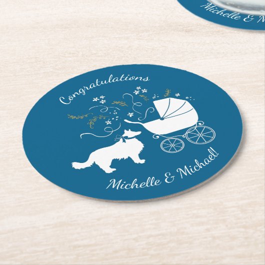 Border Collie Dog Baby Shower Welpe Blue Boy Runder Pappuntersetzer (Angewinkelt)