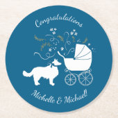 Border Collie Dog Baby Shower Welpe Blue Boy Runder Pappuntersetzer (Vorderseite)