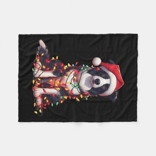 Border Collie Dog Christmas Lights Santa Hat Dog L Fleecedecke (Vorderseite (Horizontal))
