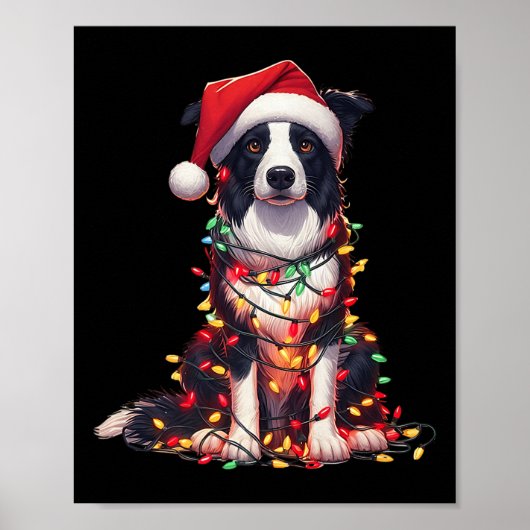 Border Collie Dog Christmas Lights Santa Hat Dog L Poster (Vorne)