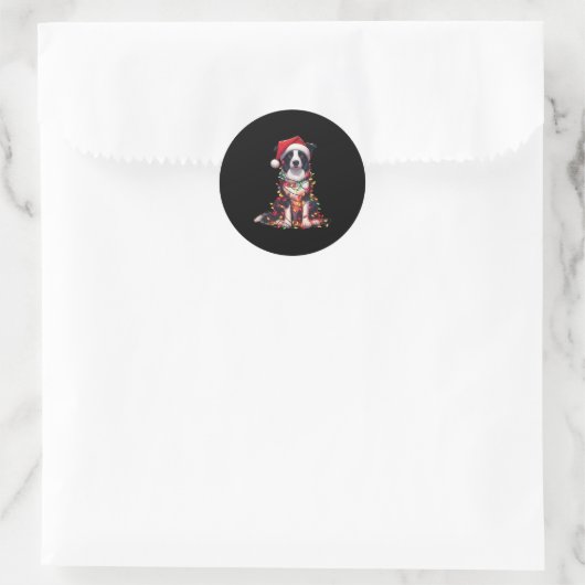Border Collie Dog Christmas Lights Santa Hat Dog L Runder Aufkleber (Tasche)