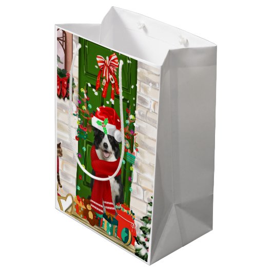 Border Collie Dog Christmas Mittlere Geschenktüte (Rückseite Schrägansicht)