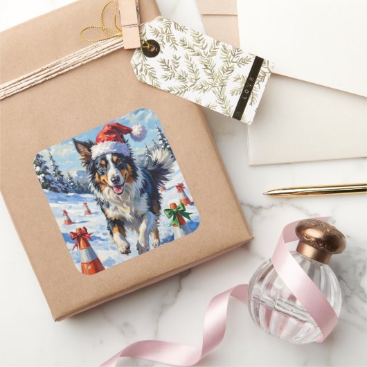 Border Collie Dog Christmas Snow Agility Fun Quadratischer Aufkleber (Schenken)