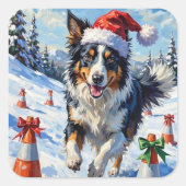 Border Collie Dog Christmas Snow Agility Fun Quadratischer Aufkleber (Vorderseite)