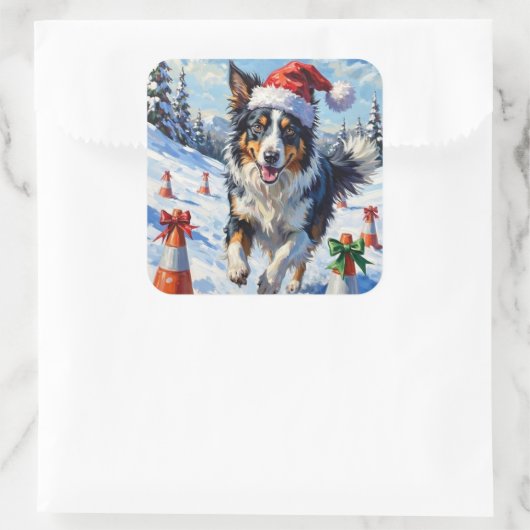 Border Collie Dog Christmas Snow Agility Fun Quadratischer Aufkleber (Tasche)