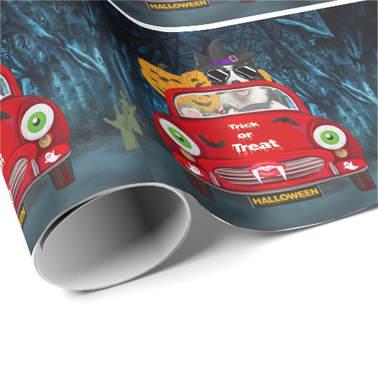 Border Collie Dog Driving Car Beängstigend Hallowe Geschenkpapier (Rolleneckpunkt)