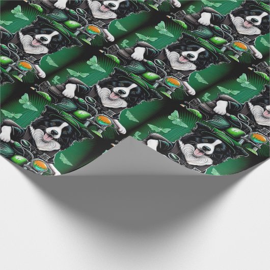 Border Collie Dog Fahrrad St. Patrick's Day Geschenkpapier (Ecke)