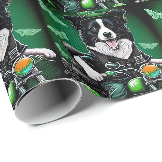 Border Collie Dog Fahrrad St. Patrick's Day Geschenkpapier (Rolleneckpunkt)