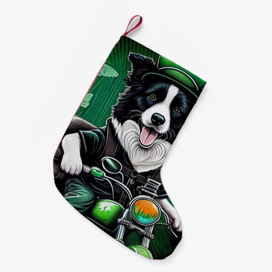 Border Collie Dog Fahrrad St. Patrick's Day Kleiner Weihnachtsstrumpf (Vorderansicht (hängend))