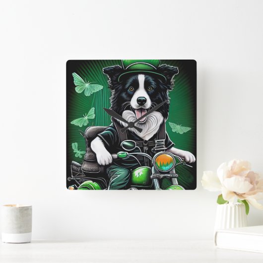 Border Collie Dog Fahrrad St. Patrick's Day Quadratische Wanduhr (Zuhause)