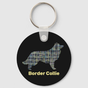 Border Collie Dog Gelbe und schwarze Gitterlinie Schlüsselanhänger