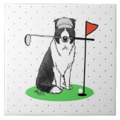 Border Collie Dog Golf spielen (schwarz & weiß) Sp Fliese (Vorderseite)