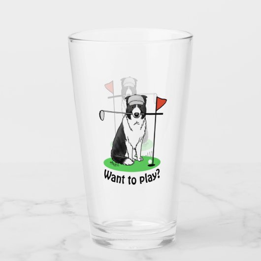 Border Collie Dog Golf spielen (schwarz & weiß) Sp Glas (Vorderseite)