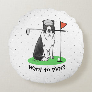 Border Collie Dog Golf spielen (schwarz & weiß) Sp Rundes Kissen