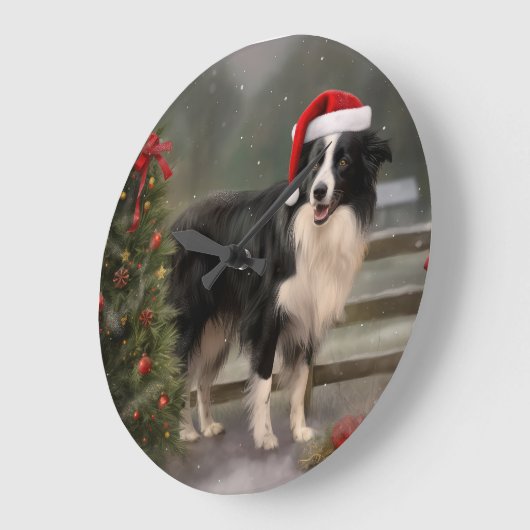 Border Collie Dog im Schnee Weihnachten Große Wanduhr (Winkel)