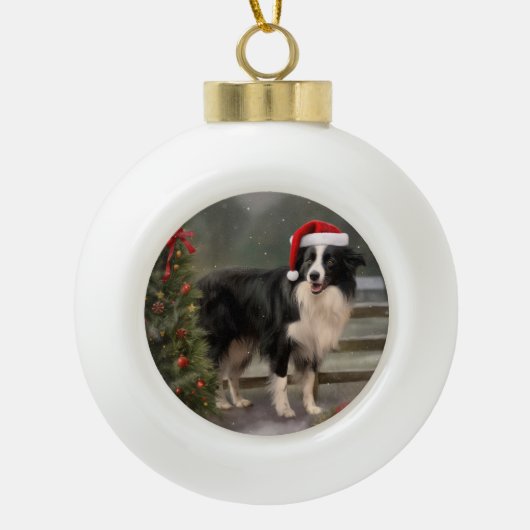 Border Collie Dog im Schnee Weihnachten Keramik Kugel-Ornament (Vorderseite)