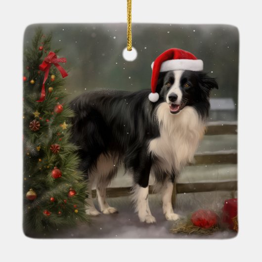 Border Collie Dog im Schnee Weihnachten Keramikornament (Rückseite)