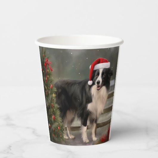 Border Collie Dog im Schnee Weihnachten Pappbecher (Rückseite)